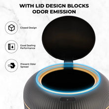Black automatic trash can with open lid and sealed odor-control opening
