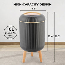 Black automatic trash can with ridged body, round lid, and wooden legs