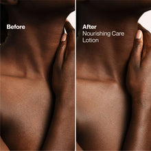Before-and-after skin with hands applying nourishing care lotion