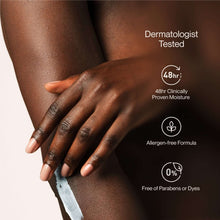 Hand applying white lotion to leg, with dermatologist-tested moisture icons