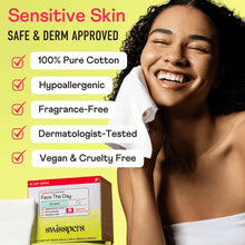 Disposable cotton face wipes with woman holding a wipe and a pack