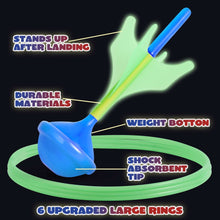 Lawn dart ring target close-up with green ring, blue base, and light green tip.