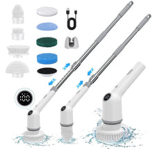 Cordless electric spin scrubber with two extension poles and round rotating brush heads