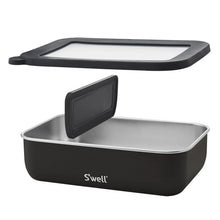S'well Bento Box with black base, open lid, and dark divider