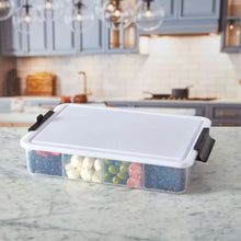 Snacklebox 2-piece set with clear lid and side compartments holding assorted snacks