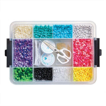 Snacklebox organizer with clear case holding multicolor bead pieces in sections