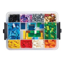 Snacklebox organizer with clear case holding multicolor building block pieces in sections