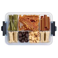 Snacklebox organizer with clear case holding assorted savory treats in compartments