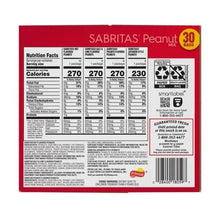 Back of peanut snack variety pack box with nutrition facts and barcodes