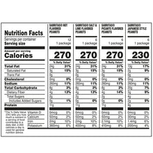 Nutrition Facts panel for flavored peanut snack bags in the variety pack