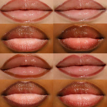 Assorted lip color swatches on lips in pink, nude, and red tones
