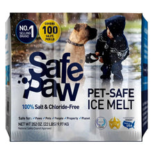 Pet-safe ice melt bag, salt & chloride-free, 22 lb; shows dog and child