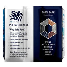 Pet-safe ice melt bag side, 100% safe; lists recommended surfaces