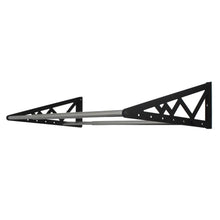 Wall-mounted tire rack with black steel support arms and mounting brackets