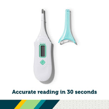 White 3-in-1 nursery thermometer with green screen and aqua oral cap