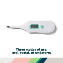 White 3-in-1 nursery thermometer with green display and aqua accent