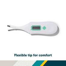 White 3-in-1 nursery thermometer with green screen and aqua triangular button