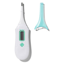 White 3-in-1 nursery thermometer with green display plus aqua protective oral cover