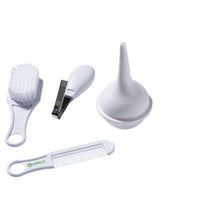 White infant grooming set including brush, comb, nail clippers, nasal aspirator