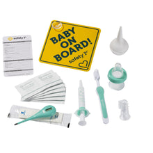 Baby on Board sign card and health kit accessories, including aspirator and syringe