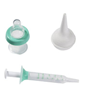 Nasal aspirator and medicine syringe set with teal and white nozzles