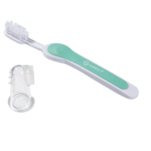 Toddler toothbrush with seafoam handle and white bristles, plus gum stimulator