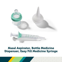 Nasal aspirator, bottle medicine dispenser, and syringe for easy filling, teal and white