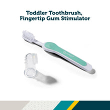 Toddler fingertip gum stimulator toothbrush with seafoam grip and white head