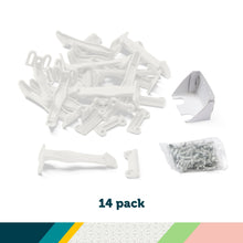 White cabinet and drawer latch 14-pack contents with latch clips and fastener bag