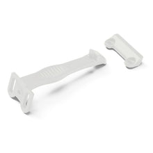 White cabinet and drawer latch parts with long strap and two screw-on mounts