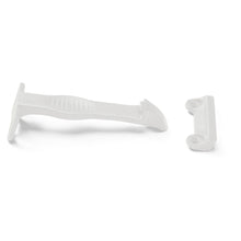 White cabinet and drawer latch with long strap and side mounting bracket