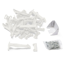 White cabinet and drawer latch set with mounting brackets and screws, assorted pieces