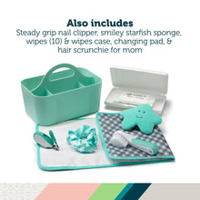 Safety 1st seafoam cleanup caddy with grooming tools, wipes case, and starfish sponge.