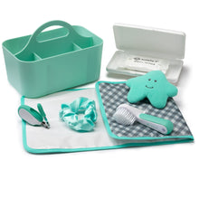 Seafoam grooming organizer with nail clipper, comb, starfish sponge, and storage case.
