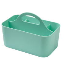 Seafoam bath and diaper caddy with carrying handle and partitioned interior.
