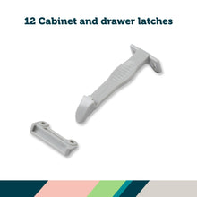 12 cabinet and drawer latch pieces with locking tool, white