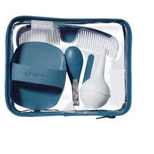 Teal zippered grooming kit case with baby brushes, combs, and accessories