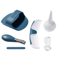 Teal and white baby grooming set pieces: combs, brush, and accessories