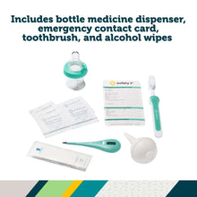 Nursery care kit essentials: medicine dispenser, toothbrush, wipes, and contact cards