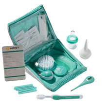 Open teal kit pouch with brush, comb, nail tools, and emergency card papers
