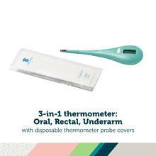 Teal thermometer with disposable probe cover packet