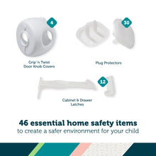 Diagram of 46 white safety items: knob covers, plug protectors, cabinet latches