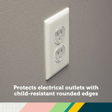 Clear plug protectors on two-socket electrical outlet, rounded child-safe edges