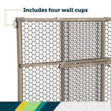 Grey wooden doorway security gate with wall-cup mounting points on the frame