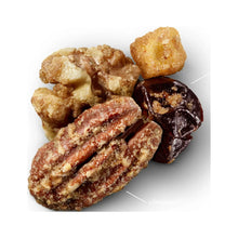 Glazed pecans snack mix with light, cinnamon-dusted, and dark coated nut pieces
