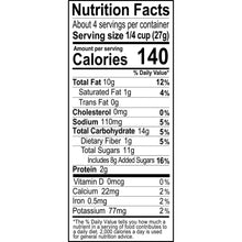 Nutrition Facts label showing 140 calories per serving size 1/4 cup (27g)