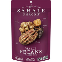 Maple pecans glazed snack mix bag with mixed nut pieces printed on front