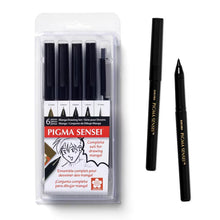 Black Pigma Sensei ink pen set with clear case and multiple nib sizes