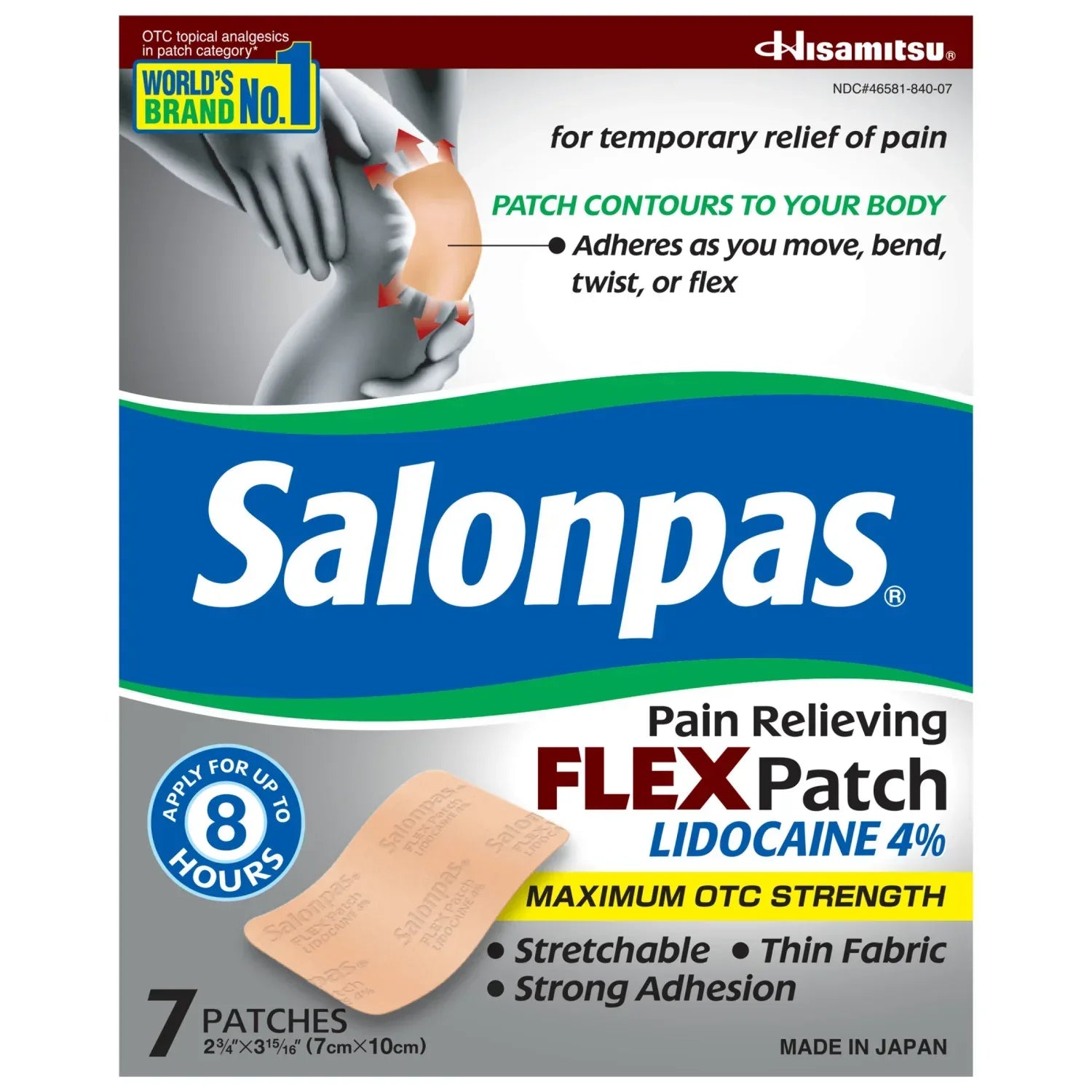 Salonpas Maximum Strength Flex Pain Relief Patch Lidocaine 4%, 8 Hours, Thin, Flexible, 7 Count