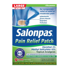 Large topical pain relief patch box, 9-count, menthol 3% and methyl salicylate 10%.